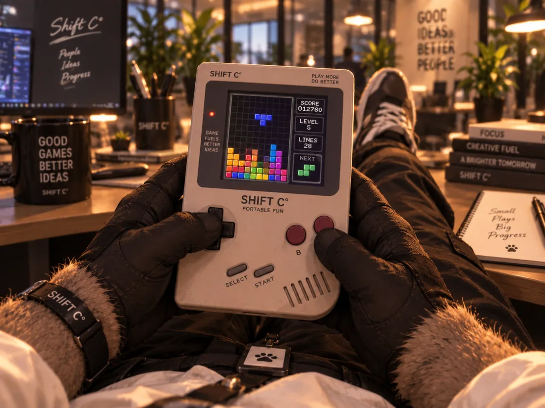 Illustration: Hände halten eine Handheld-Spielkonsole, auf deren Bildschirm fallende Blöcke sich zu einem Stapel fügen; rechts eine Anzeige für den nächsten Block
