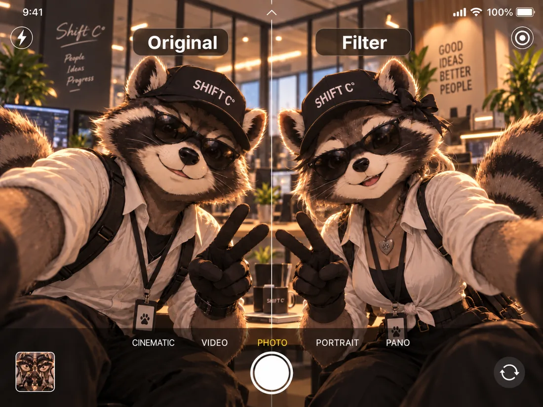 Illustration: Selfie-Ansicht einer Handykamera, durch eine senkrechte Linie geteilt - links mit „Original“ beschriftet, rechts mit „Filter“, wo dieselbe Figur verändert dargestellt ist