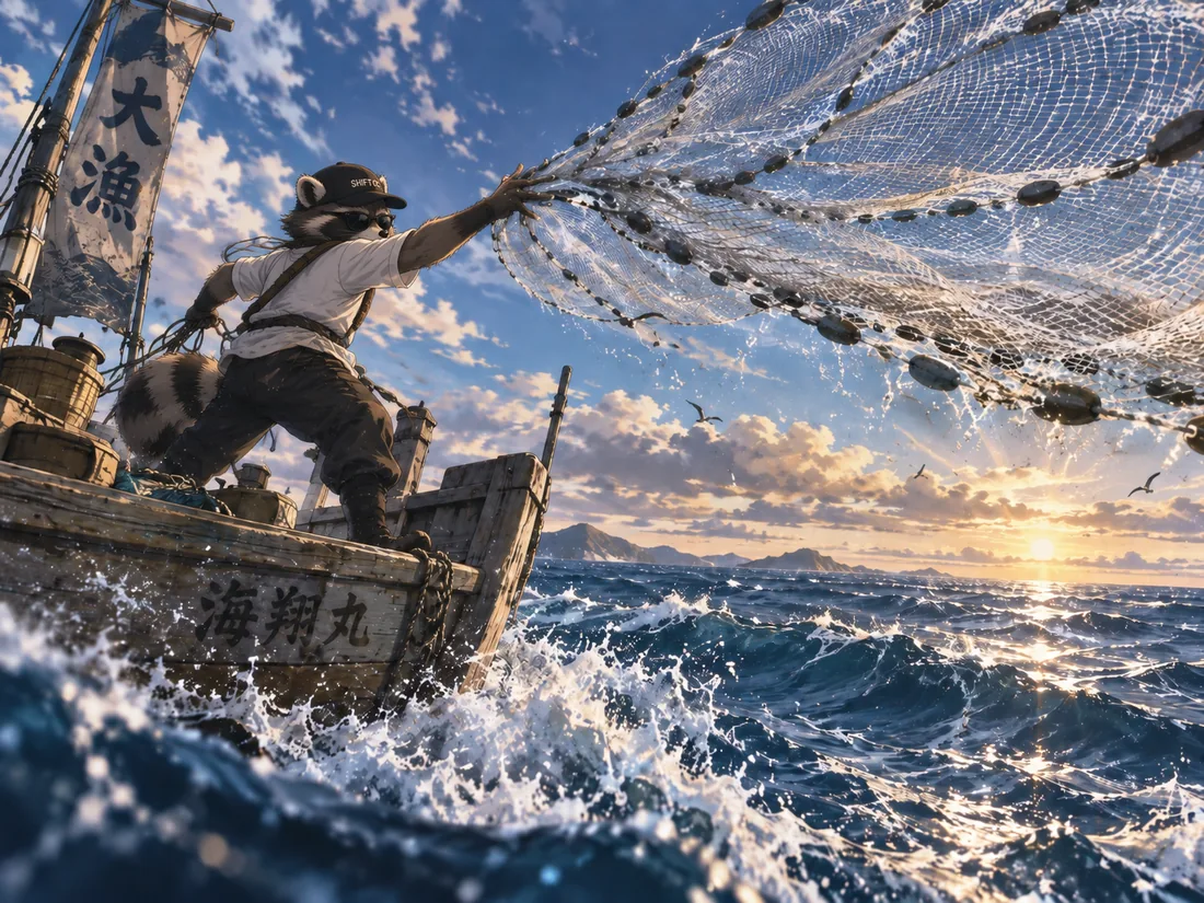 Illustration: ein Waschbär wirft von einem Fischerboot aus ein weites Netz über das Meer