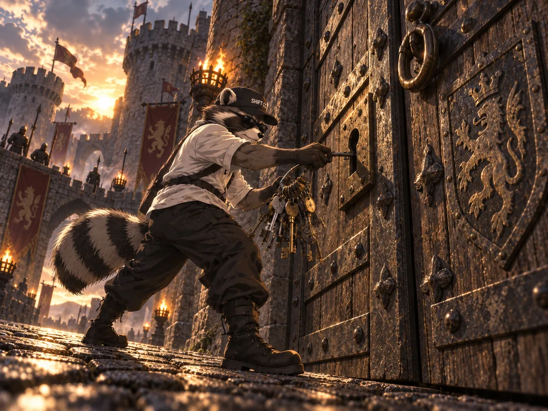 Illustration: ein Waschbär mit einem großen Schlüsselbund probiert einen Schlüssel am Tor einer Burg