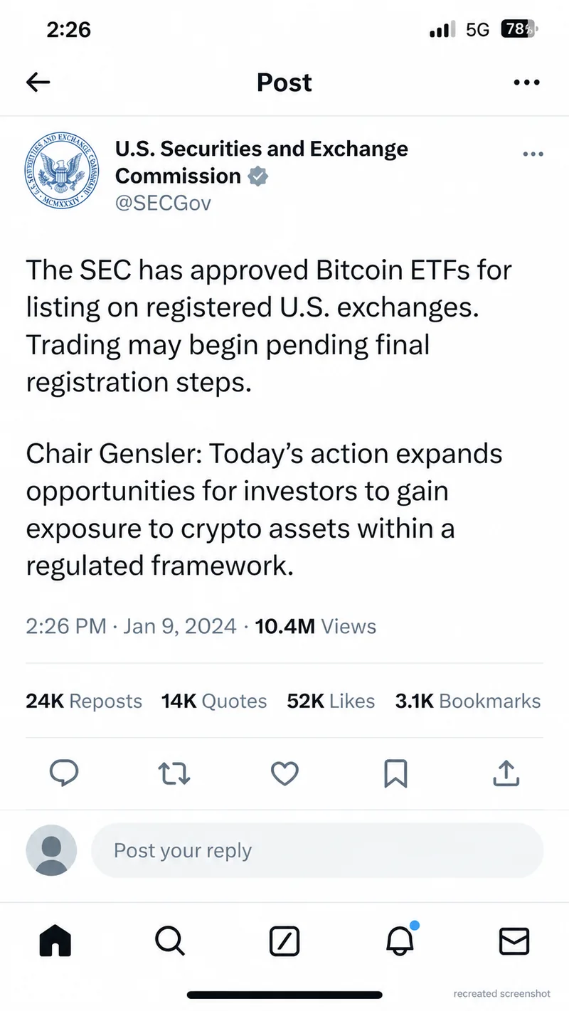 Nachbau eines Beitrags im Erscheinungsbild der Plattform X, mit Siegel und Verifizierungshaken der US-Börsenaufsicht und einer Meldung über die angebliche Zulassung von Bitcoin-Indexfonds